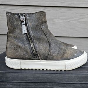 Frye Gia Side Zip Leather High Top Sneakers Silver Bronze Gold Metallic Size 8